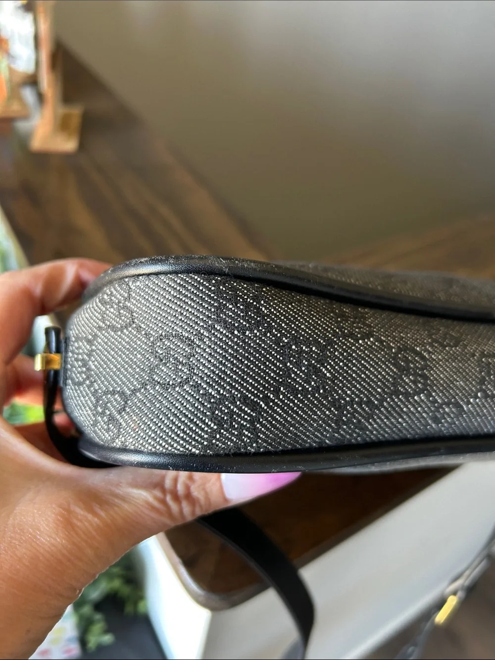 466. Gucci Black/Gray Monogram Belt Bag with Leather Trim w/coa